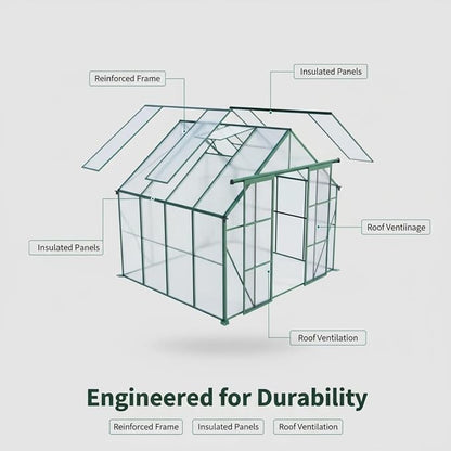 8x8 FT Greenhouse, Walk-in Polycarbonate Greenhouses with Double Sliding Doors, Aluminum Frame, Adjustable Roof Vent, Raised Base & Anchor, Outdoor Backyard Greenhouse for All Seasons, Green
