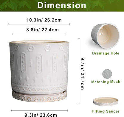 Eightpot Ceramic Planter Pot - 10 Inch Plant Pot for Indoor Outdoor Plants Round Large Flower Pot with Drainage Holes and Saucer for Home Garden Patio Decor White