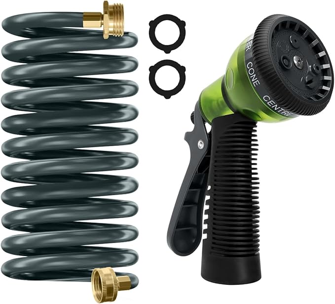 Coil Hose 10FT EVA Coil Garden Hose With 3/4'' Brass Connector Coiled Water Hose Lightweight And No Kink Includes 7 Patterns Spray Nozzle For Outdoors Lawn Watering Car Washing
