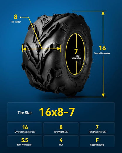 PHILTOP 16x8-7 ATV UTV Tires, 4-Ply Super Mud 16x8-7 ATV All-Terrain Tire for Riding Mowers, Golf Carts, Off-Road,2 Pcs,Tubeless (Z-120)