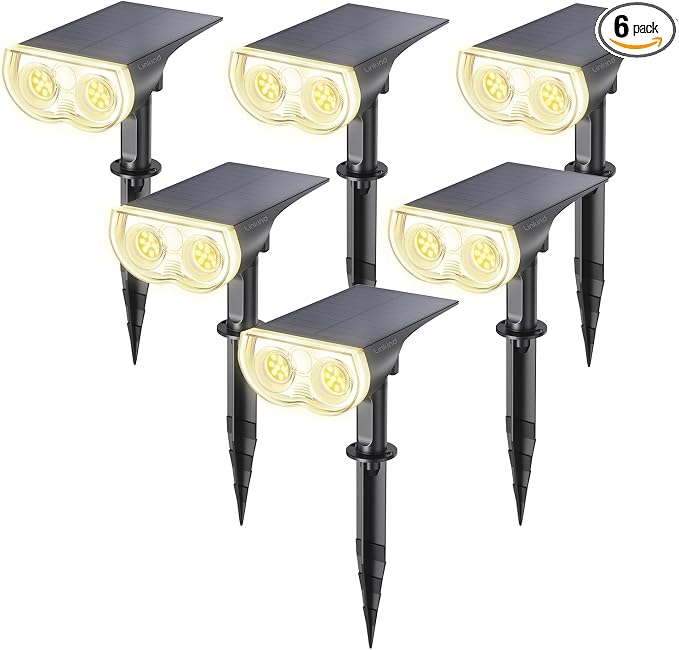 Linkind Solar Lights Outdoor Waterproof IP65, StarRay Dusk-to-Dawn Outdoor Solar Lights, 3 Lighting Modes Solar Spot Lights Outdoor for Garden, Yard, Landscape (Warm White, 6 Pack)