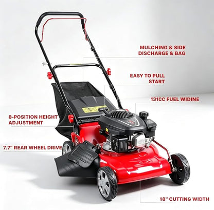 18" Self Propelled Gas Lawn Mower, 131cc DV Engine | 8 Cutting Heights | Push Walk-Behind Mower for Yard, 3-in-1 Mulching, Side Discharge & Rear Bag for Garden Landscaping