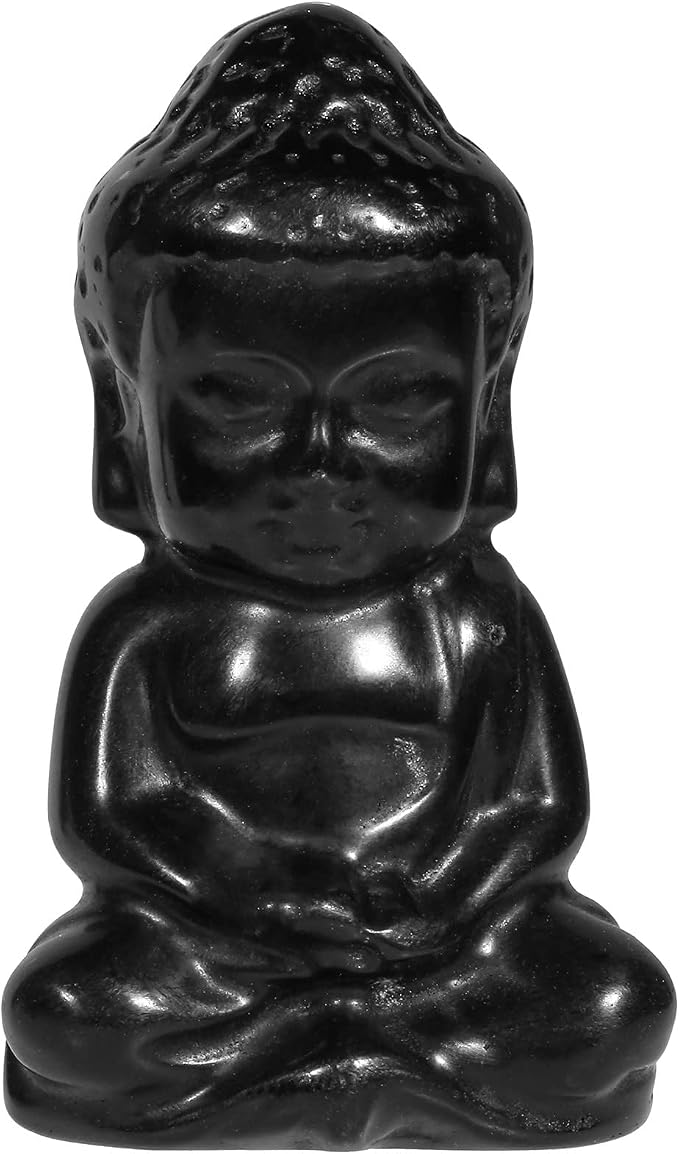 Rockcloud Handcarved Black Obsidian Pocket Stone Baby Buddha Crystal Statue | for Home Decoration Zen Garden Spiritual Feng Shui Figurine