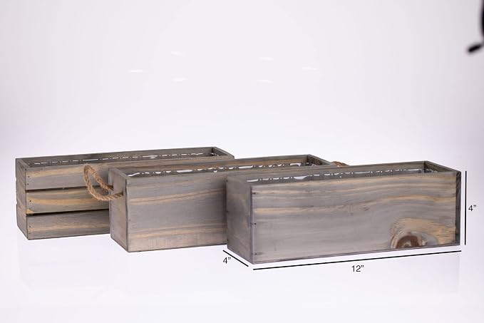 Wood Planter Box with Wine Crate Styled, 12x4 Inch Rectangular, Rustic Barn Wood, Plastic Liner, Wedding Flowers Holder, Home and Venue (12x4 Wine Crate Set of 4, Natural)