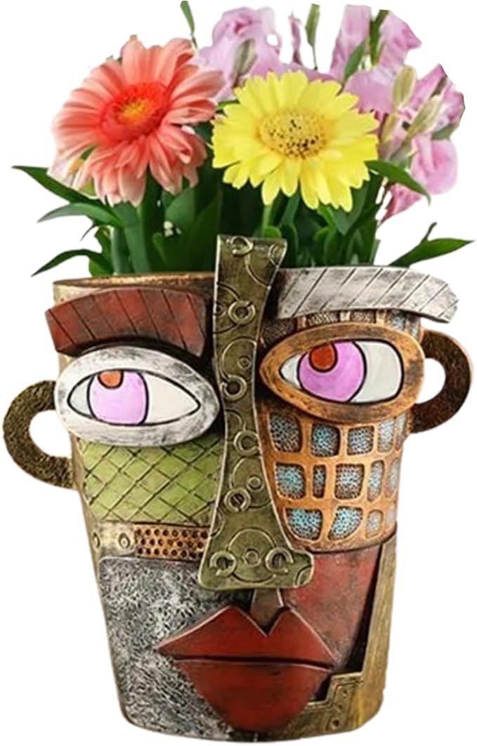 TOZLU Art Abstract Face Planters Pots Head,Picasso Brutalist Face Flower Pot Head Planter Pots Colorful Art Abstract Resin Flower Pot for Indoor and Outdoor Plants Funny Room Decor(Retro Big)