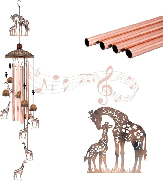 35" Giraffe Wind Chimes for Outside, Rustic Copper Mother & Baby Giraffe Silhouette Decor with 6 Pendants - Elegant Memorial Windchime - Heartwarming Gift for Mom & Animal Lovers