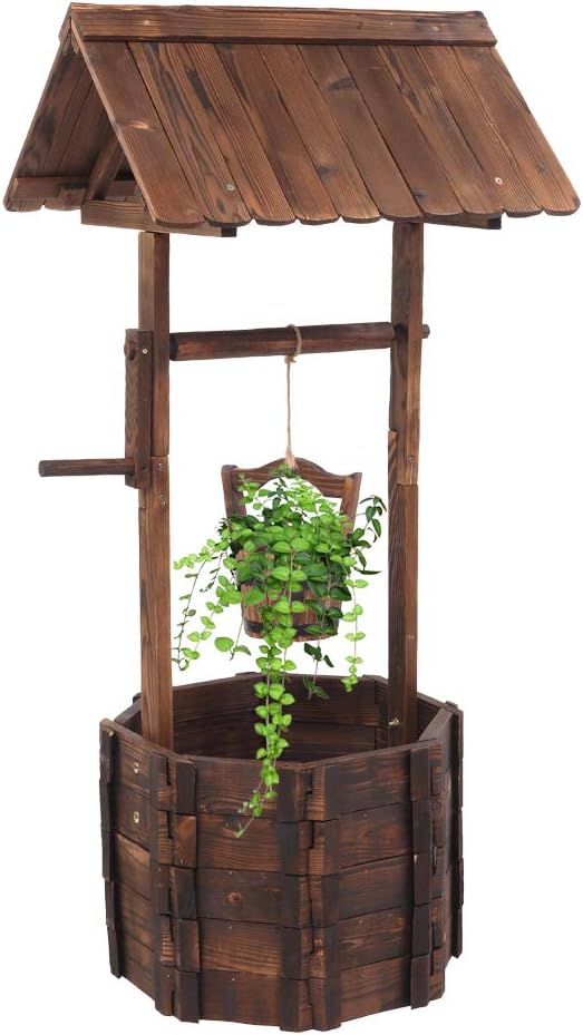 Rustic Wooden Wishing Well Planter Outdoor Home Décor for Patio, Garden, Yard w/Hanging Bucket, Brown