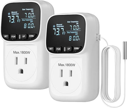 DEWENWILS Digital Temperature Controller, 2 Pack15A/1800W Thermostat Outlet Plug, VA Display Heating Cooling Control Timer, -40℉~210℉, Cyclic Timing/Countdown, for Cooling Fans and Heater