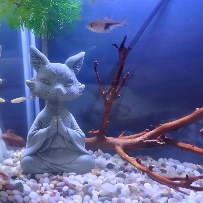 livelyfish Meditating Buddha Fox Statue Aquarium Zen Statue Yoga Animal Figurines Sandstone Sculpture for Fish Tank Garden Tabletop Decor, S1