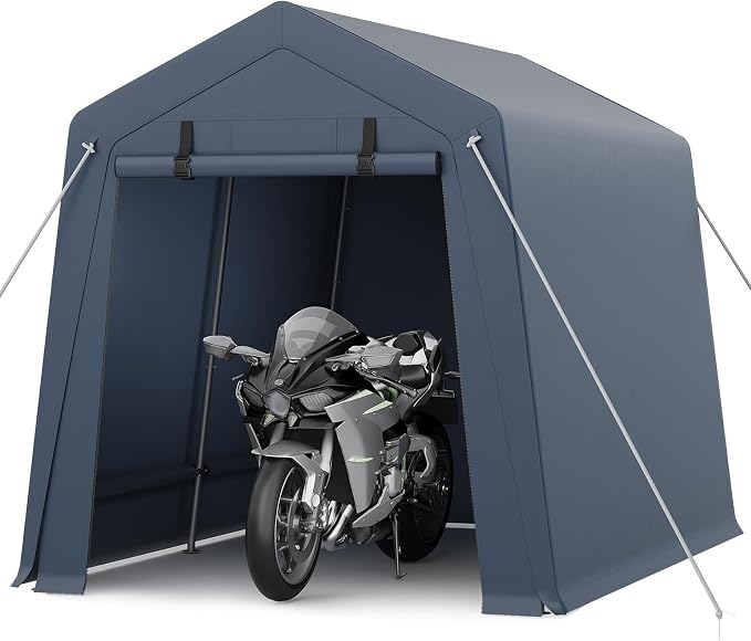 GarveeLife Portable Outdoor Storage Shed with Roll-Up Zipper Door & Vent, 240G Heavy-Duty Shelter Waterproof PE Tarp, UV-Resistant Carport for Motorcycle, Firewood, Tools (Gray, 7'x10')