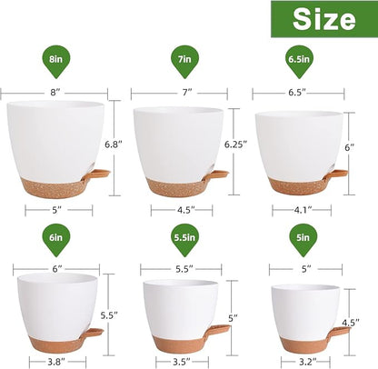 Vanslogreen Flower Pots, 8/7/6.5/6/5.5/5 Inch Self Watering Planters for Indoor Outdoor Plants with Drainage Hole, Plastic Planters for House Plants(White)