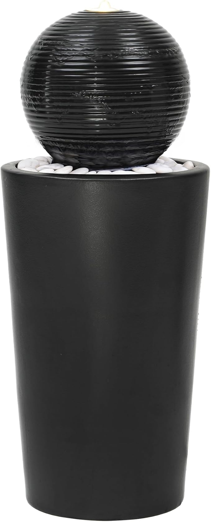 Autodaya 30"H Ceramic Sphere Water Fountain with LED Light for Garden Patio | Modern Minimalist Design, Black Glaze with White Pebbles, Soothing Trickling Water Feature, Artistic Charm, Tranquil Ambiance