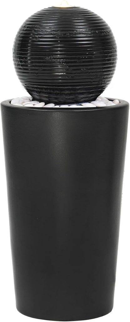 Autodaya 30"H Ceramic Sphere Water Fountain with LED Light for Garden Patio | Modern Minimalist Design, Black Glaze with White Pebbles, Soothing Trickling Water Feature, Artistic Charm, Tranquil Ambiance