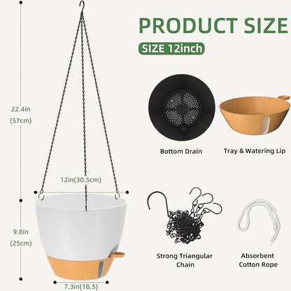 ZMTECH 12 Inch Large Self Watering Hanging Planters for Indoor Outdoor Plants - Water Level Indicator & Removable 60 Oz Reservoir, 1 Pack Plastic Hanging Basket for Window Porch Garden Balcony, White