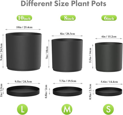 Meowell 10/8/6 inch Large Deep Plant Pots for Outdoor Indoor Plants, 3 Pack Tall Cylinder Flower Pots with Drainage Holes and Saucers, Big Plastic Planter Pots for Garden House Porch, Black