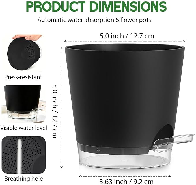 Self Watering Pots for Plants, 2026 New Flower Plant Pots with Drainage Holes, Wicking and Clear Reservoirs for Succulent, Aloe, Cacti and Others - 6 Pack (Black, 5")