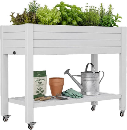 Elevated Raised Garden Bed with Wheels,Planter Box,Ashen-33.7" h | Resin Planter Box with Drainage Holes, Water Monitor, Wheels for Garden Patio Backyard