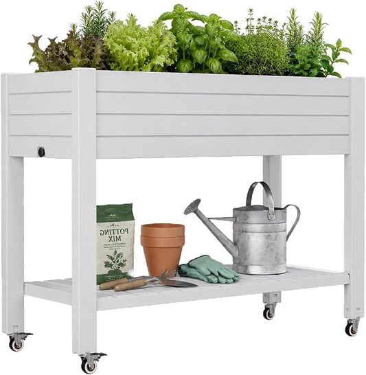 Elevated Raised Garden Bed with Wheels,Planter Box,Ashen-33.7" h | Resin Planter Box with Drainage Holes, Water Monitor, Wheels for Garden Patio Backyard