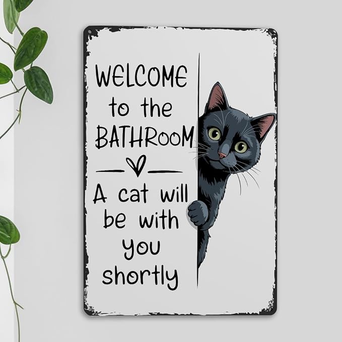 mmiishe Funny Cat Bathroom Decor Black Cat Lover Gifts for Women Men Vintage Metal Signs for Restroom Toilet Powder Room Wall Decor Retro Wall Art Plaques 8x12 Inches Bathroom Accessories