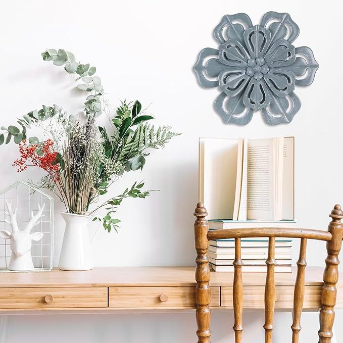 hogardeck Metal Flower Farmhouse Wall Decor, 16" Large Floral Metal Blue Wall Art for Indoor Outdoor, Boho Wall Decor for Bathroom, Living Room, Kitchen, Bedroom, Porch, Garden, Yard