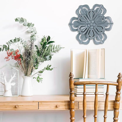 hogardeck Metal Flower Farmhouse Wall Decor, 16" Large Floral Metal Blue Wall Art for Indoor Outdoor, Boho Wall Decor for Bathroom, Living Room, Kitchen, Bedroom, Porch, Garden, Yard