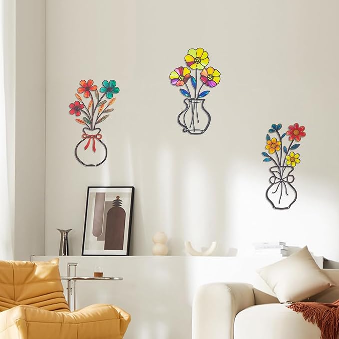 dreamskip 3 Pieces Metal Flowers Garden Wall Arts, Rustic Farmhouse Wall Decor, Minimalist Bathroom Hanging Sculptures for Living Room Bedroom Dining Room Housewarming Gifts