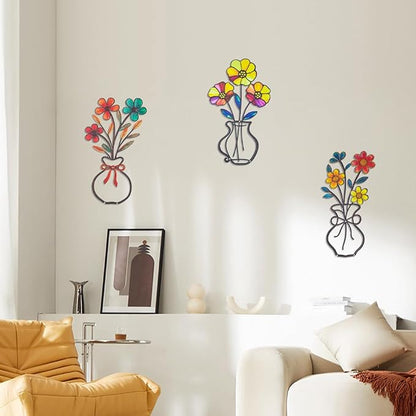 dreamskip 3 Pieces Metal Flowers Garden Wall Arts, Rustic Farmhouse Wall Decor, Minimalist Bathroom Hanging Sculptures for Living Room Bedroom Dining Room Housewarming Gifts