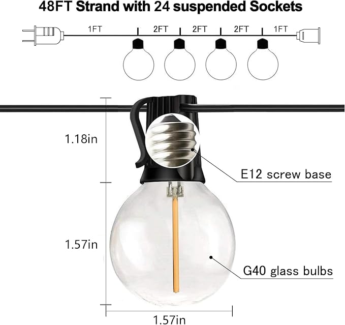 Banord 50FT G40 Globe String Lights with 26 Dimmable Plastic Bulbs, 2700K Waterproof Outdoor LED Lights for Patio, Porch, Cafe, Backyard, E12 Screw Base