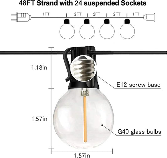 Banord 50FT G40 Globe String Lights with 26 Dimmable Plastic Bulbs, 2700K Waterproof Outdoor LED Lights for Patio, Porch, Cafe, Backyard, E12 Screw Base