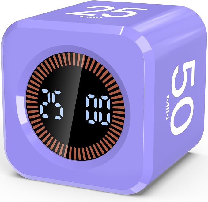 Digital Pomodoro Timer Cube 5/10/25/50min, Visual Productivity Flip Timer for Kids Classroom Desk, Custom Countdown, Silent and Sound Mode for ADHD Study Work Game Kitchen (Purple)