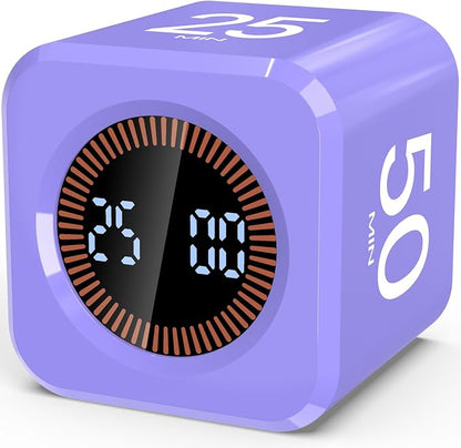 Digital Pomodoro Timer Cube 5/10/25/50min, Visual Productivity Flip Timer for Kids Classroom Desk, Custom Countdown, Silent and Sound Mode for ADHD Study Work Game Kitchen (Purple)