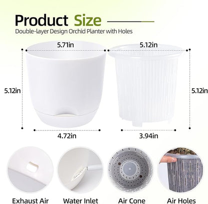 QCQHDU 2 Pack 5.7Inch Orchid Pots with Holes for Repotting, Double-Layer and Self Watering Orchid Pot with Good Air Circulation