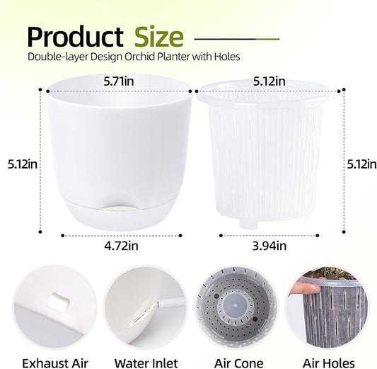 QCQHDU 2 Pack 5.7Inch Orchid Pots with Holes for Repotting, Double-Layer and Self Watering Orchid Pot with Good Air Circulation