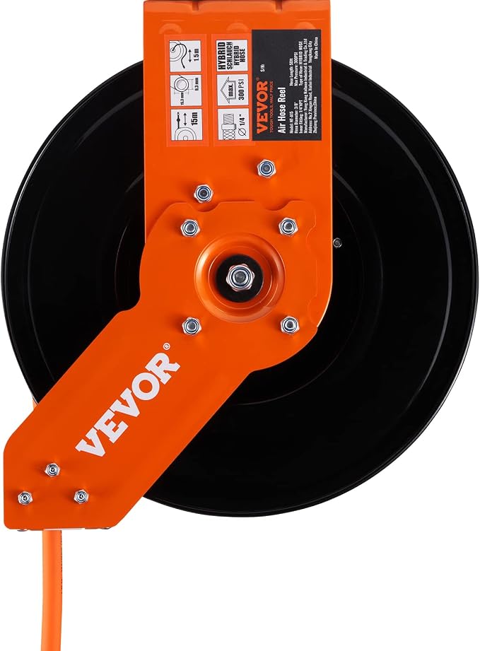 VEVOR Retractable Air Hose Reel 3/8 IN x 50 FT Hybrid Air Hose Max 300PSI | 5ft Lead in, Ceiling/Wall Mount, Single Arm, Heavy Duty Steel Air Compressor Hose Reel