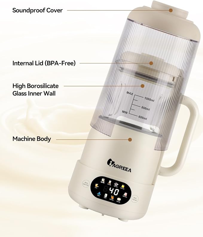 IAGREEA Nut Milk Maker Machine, Beige, 10 in 1 Noise Reducing Soy Milk Maker with 8 Blades, 35oz, Homemade Oat, Juice, Yogurt, Milk Shake, 12H Delay, 6H Keep Warm, BPA-Free, Self-Cleaning