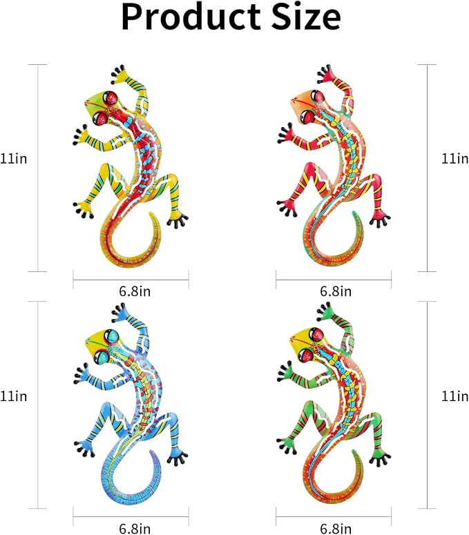 Junware 4 Pcs Metal Gecko Wall Art Outdoor Decor Metal Lizards Wall Decor Lizard 6.9 * 11 Inch Suitable for Hanging in Yard Garden Patio Fence Home, Idea Gifts for Mom Father Friends
