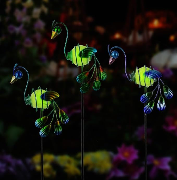 Decorative Garden Stakes, 3 Pack Glow in Dark Metal Garden Stakes | Luminous Peacock Yard Art Decor Waterproof Lawn Ornament Gifts for Mom, Women