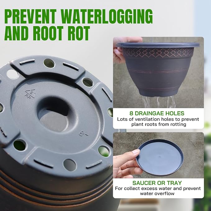 Usocik 12 Inch Plaid Plant Pots 4 Pack with Drainage and Saucers Copper | Copper plaid PP pots with drainage holes and saucers for flowers herbs pothos aloe patio porch garden