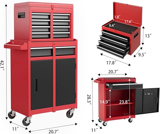 Tool Chest, 5-Drawers Rolling Tool Storage Cabinet with Lockable Wheels, Detachable Top, Adjustable Shelf & Locking Mechanism, Multifunctional Tool Cart for Garage Warehouse, Red
