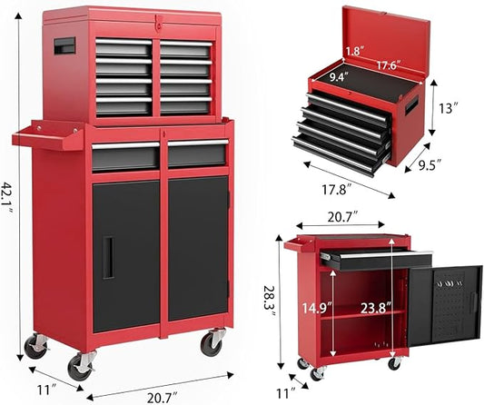 Tool Chest, 5-Drawers Rolling Tool Storage Cabinet with Lockable Wheels, Detachable Top, Adjustable Shelf & Locking Mechanism, Multifunctional Tool Cart for Garage Warehouse, Red