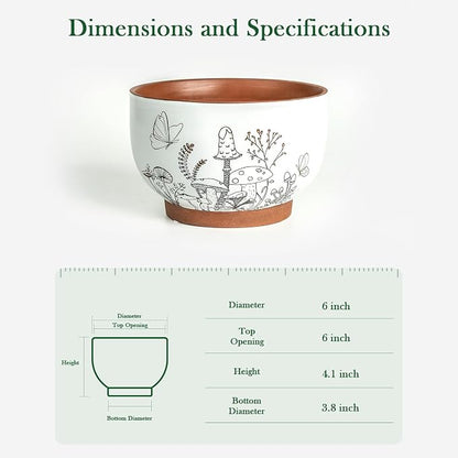 Succulent Pots Terracotta, 6 Inch Plant Pot for Plants with Drainage Hole, Ceramic Planter Mushroom Pattern, Round Flower Pots for Indoor Outdoor Herb Orchid Snake Plants - 1 Pack