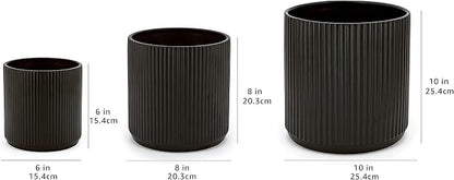 Amazon Basics Fluted Ceramic Planters for Indoor Outdoor Plants, Round Flower Pots with Drainage Hole, Set of 3, 6 inch, 8 inch, 10 inch, Black