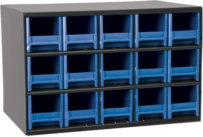 Akro-Mils Steel Garage Storage Cabinet, Small Parts Organizer Metal Cabinet for Hardware, Nails, Screws, Bolts, Nuts, and More, 17" W x 11" D x 11" H, 15-Drawer, Gray Cabinet/Blue Drawers (19715)