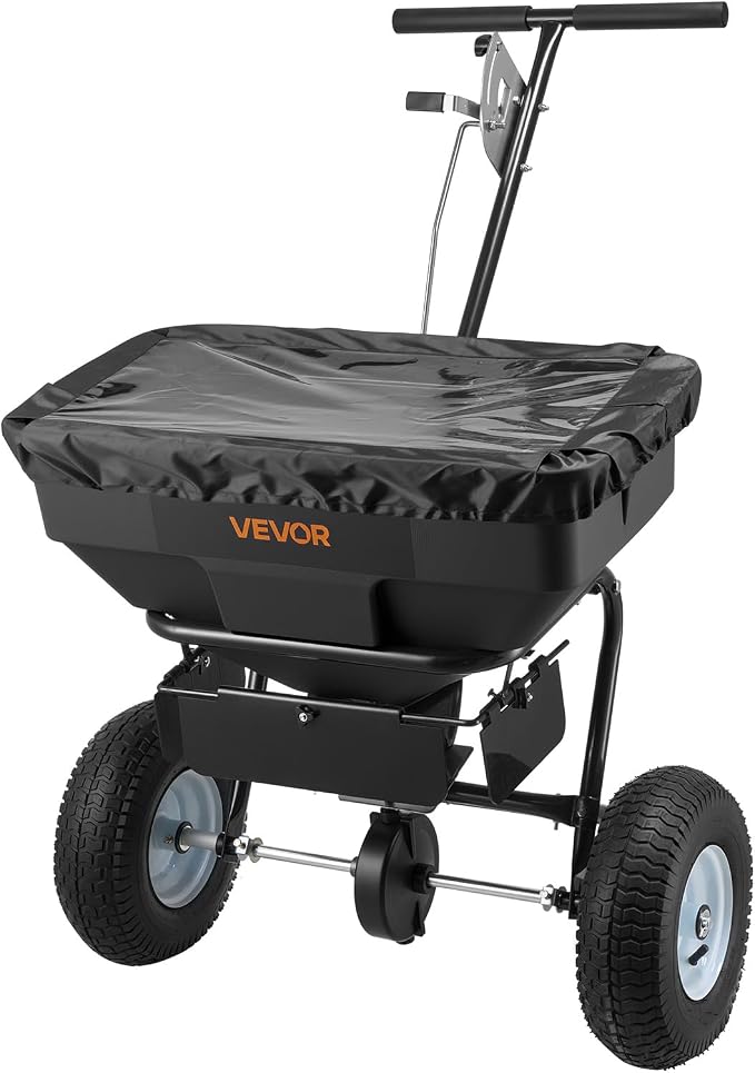 VEVOR Broadcast Spreader, 12ft Spreading Width, Push Broadcast Spreader with 13" All-Terrain Tires, Adjustable Flow Control, 130lbs Capacity Hopper, Lawn Spreaders for Fertilizer Seed Ice Melt