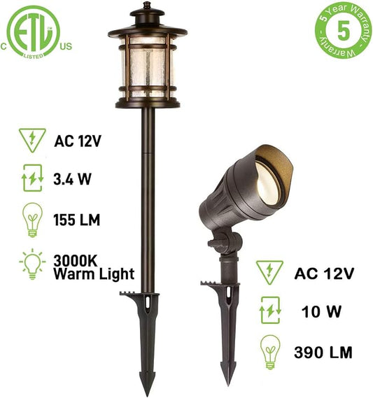 hykolity Low Voltage LED Landscape Kits, 12V-15V Pathway Flood Light Kits | 10W 390LM and 3.4W 155LM Wired for Outdoor Yard Lawn, Die-cast Aluminum, 50W and 30W Equivalent, 8 Pack