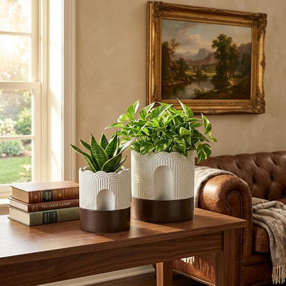 Nihow Ceramic Self Watering Pots for Indoor Plants, 6 Inch,Beige | Visible Water Level Fill Port,Planter with Cotton Wick,Water Storage Plus, Cylinder Round Flower Pot, Succulent/Herbs/Violets