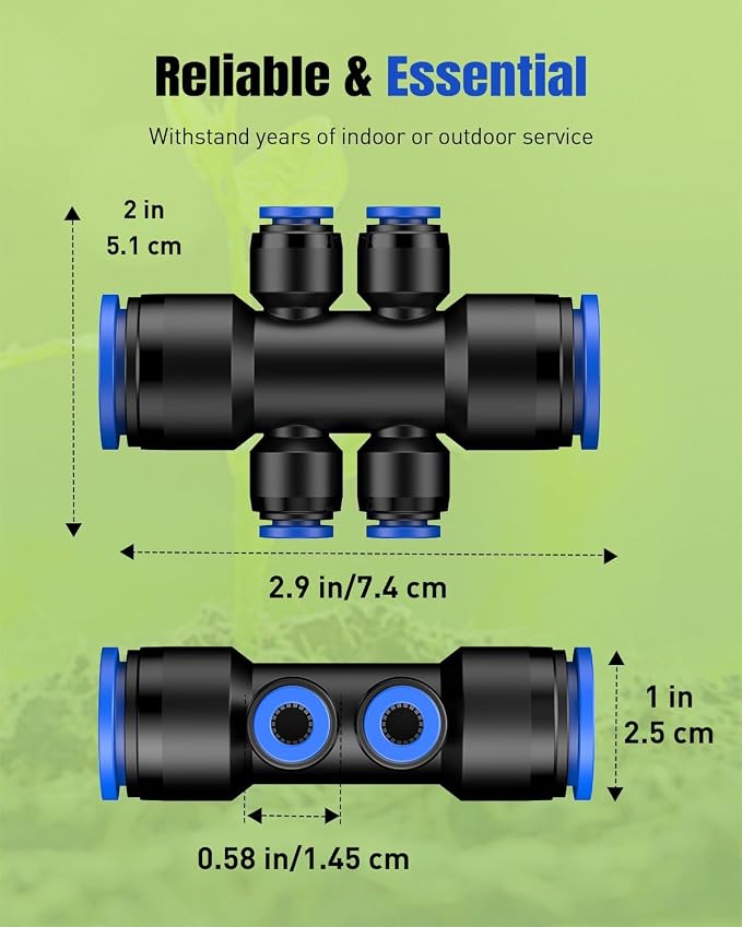 Pawfly 12 Pcs Quick Connect 1/2" to 1/4" Drip Irrigation Fittings for 1/2" Tubing (0.62-0.63" OD), Push-to-Fit 6-Way Reducing Tees Reducer Tee Connectors, Anti-Leak Drip Irrigation Tee Fittings