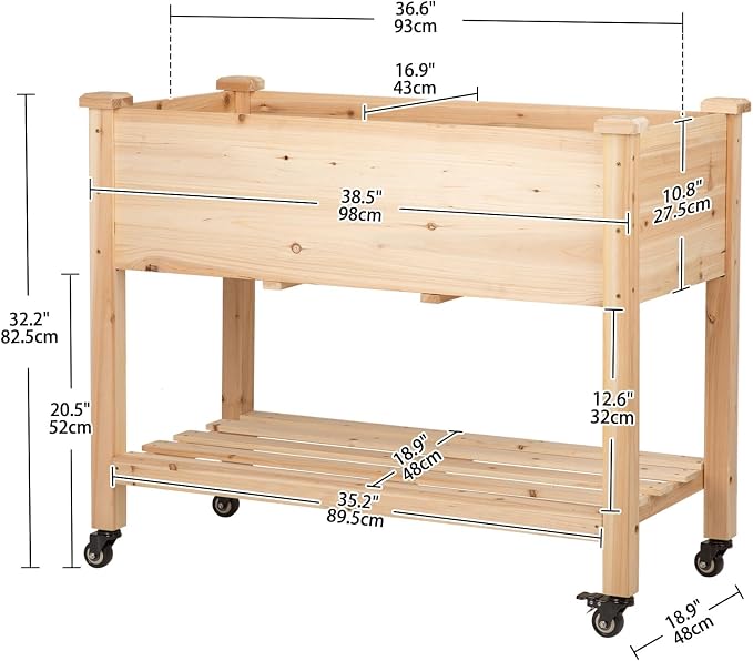 Raised Garden Bed with Lockable Wheels, 40x24x32 inch Elevated Wood Planter with Storage Shelf Protective Liner for Vegetable Flower Herb Outdoor Balcony Patio Backyard, Natural