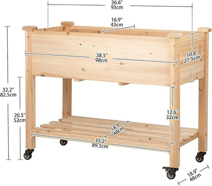 Raised Garden Bed with Lockable Wheels, 40x24x32 inch Elevated Wood Planter with Storage Shelf Protective Liner for Vegetable Flower Herb Outdoor Balcony Patio Backyard, Natural