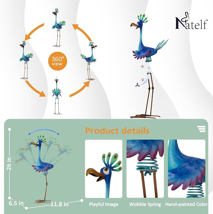 Natelf Metal Outdoor Peacock Statue Bird Decor 26in Tall | Large Garden Standing Sculpture, For Yard Patio Porch Home, For Women Mom Grandma